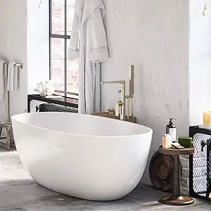 MAYKKE Barnet Acrylic Bathtub Retains Heat White Modern Oval Freestanding Comfortable Soaking Tub in Bathroom Lavatory Img